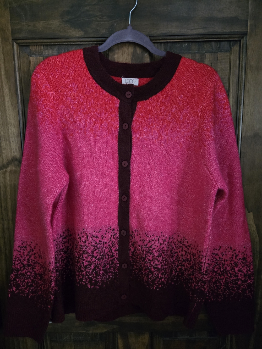 LOGO by Lori Goldstein Pink Ombre Cardigan with Dark Garnet Trim NWOT